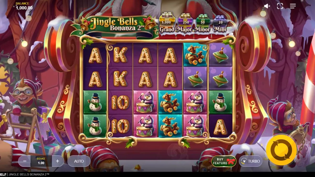 Isang masiglang eksena ng Jingle Bells Bonanza 2 slot na may Santa's sleigh, mga regalo, at nagliliwanag na mga simbolo.
